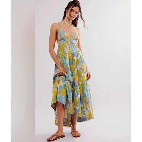 green emerald velvet dress Patched and Pretty Midi Dress by Free People in Blue, Size: S
